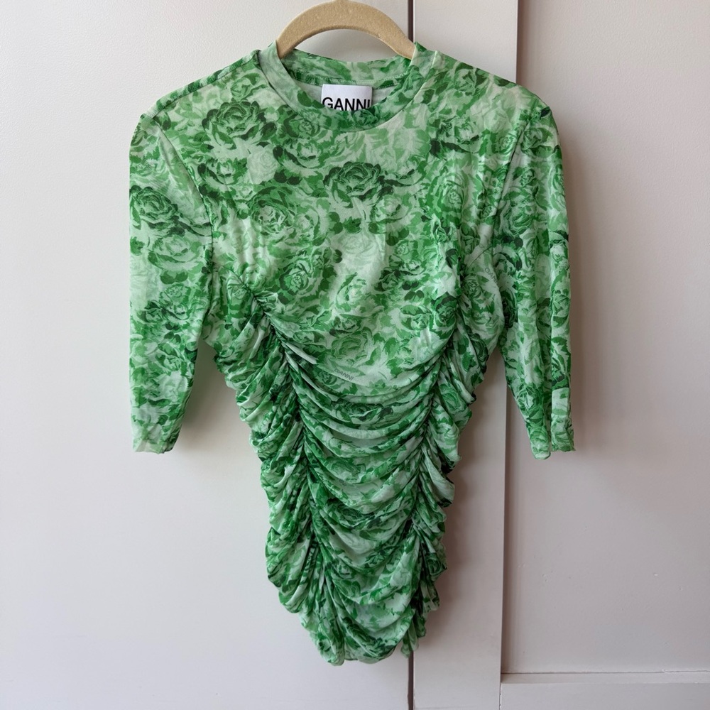 Ganni Green Floral Ruched Top